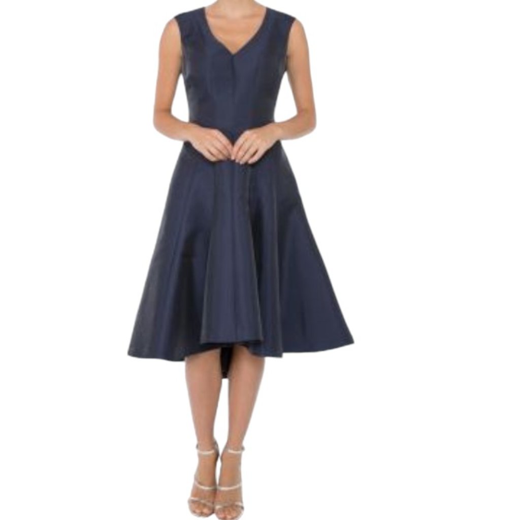 New Badgley Mischka Collection Navy Pocketed V-Neck Fit & Flare Cocktail Dress